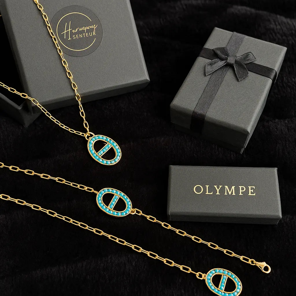 Collier Olympe- Bijou en acier inoxydable doré -Pierres fines bleues ou blanches Harmony & Senteur